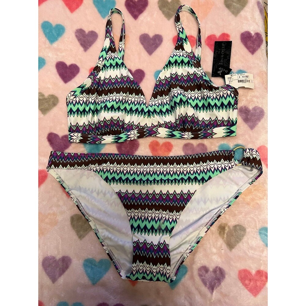 Graphic Multi Striped 2 Piece Bikini Swimsuit NWT new large 36D